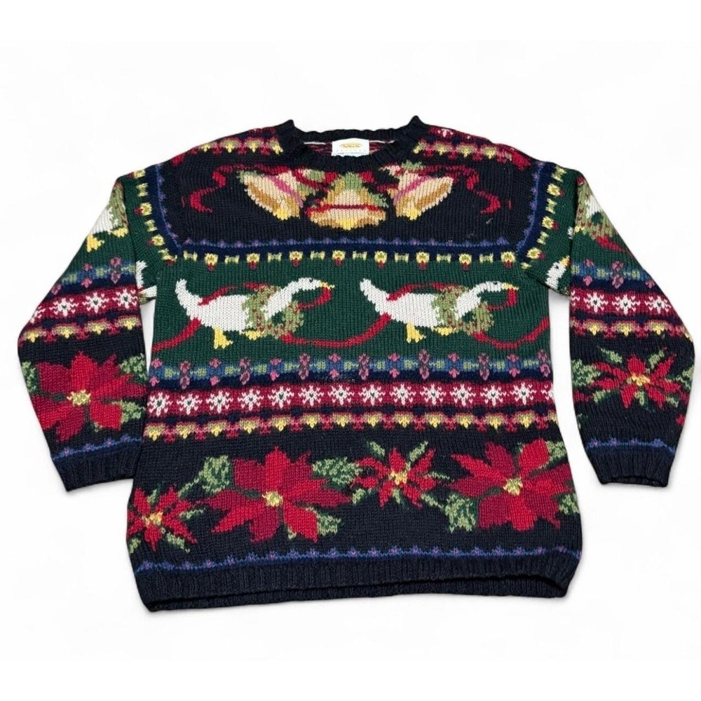 Vintage 90s Talbots Hand Knit Holidays Goose Wool Sweater Cottagecore Folk
